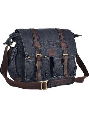 Men's Grey Canvas Messenger Shoulder Bag Stylish Crossbody Satchel for Office